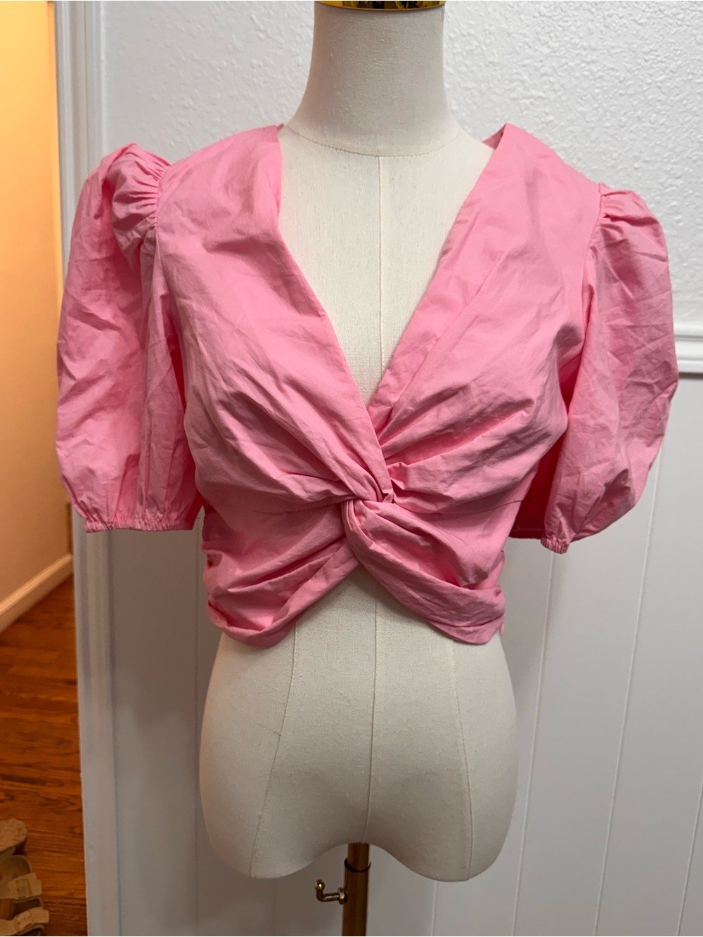 English Factory Pink Twist-Front Puff Sleeve Crop Top
